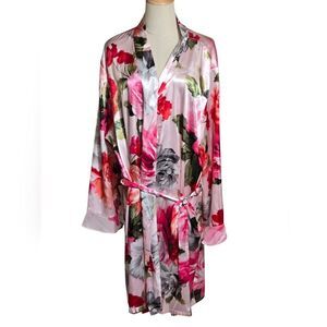 Joyspun Rose Floral Pink Satin Robe Or Kimono Plus Size